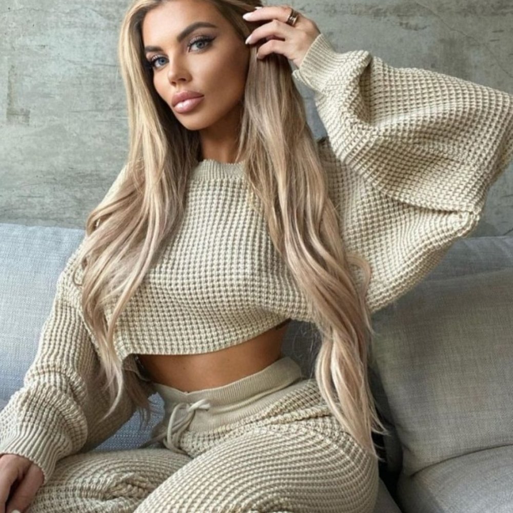 Beige Waffle Knit Cropped Jumper Lounge Set